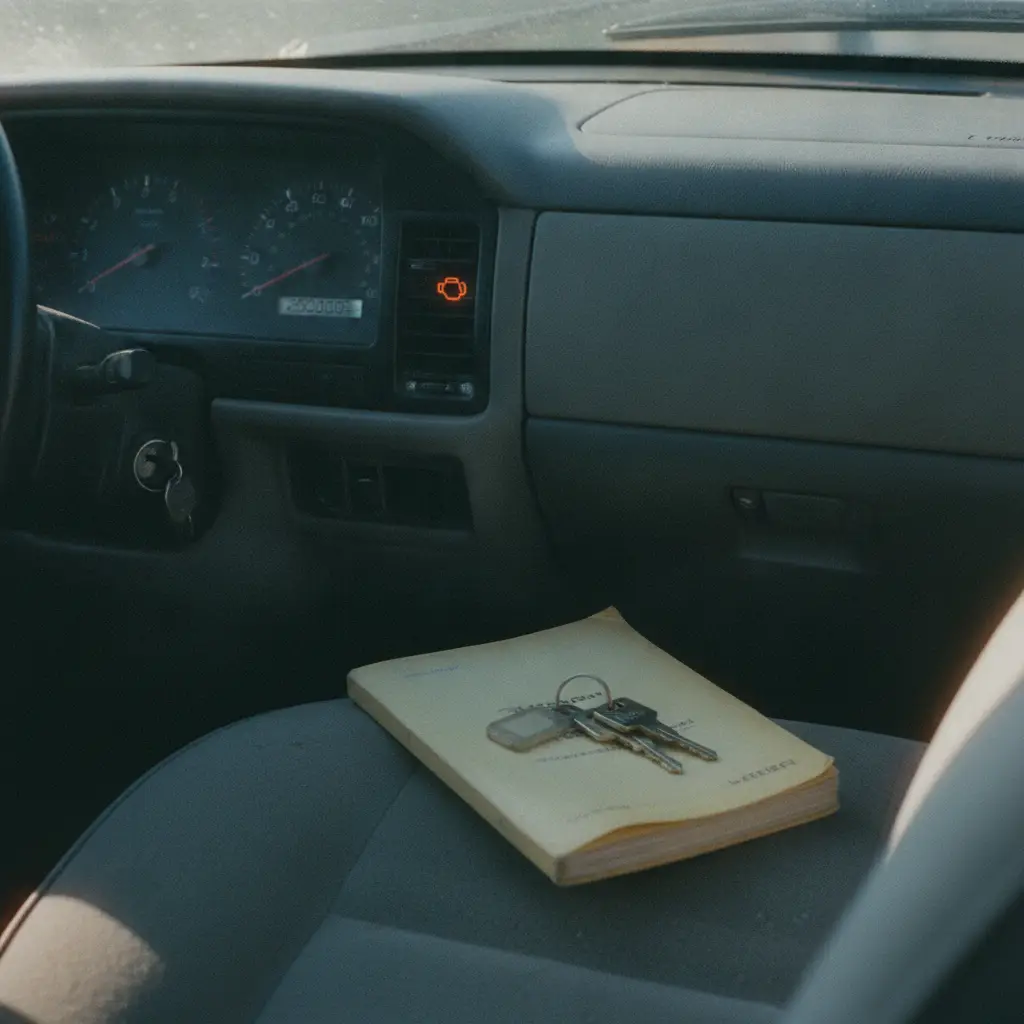 Gros plan sur le compteur kilometrique et le carnet d'entretien d'une ancienne voiture de societe