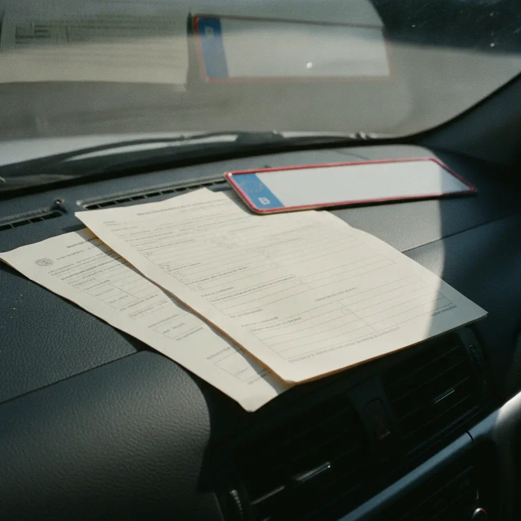 Documents d'immatriculation provisoire et carte verte d'assurance belge posés sur un tableau de bord