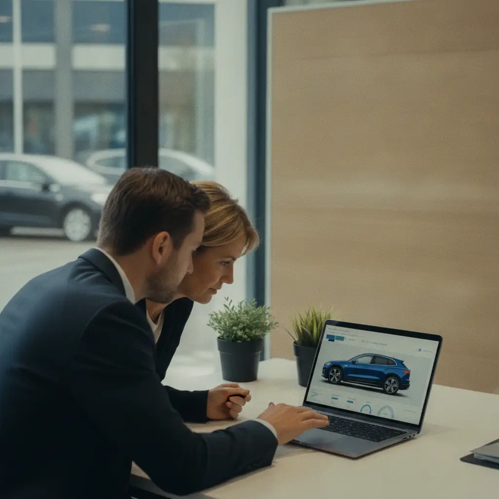 Vendeur et client consultant une annonce de voiture electrique d'occasion sur un ordinateur portable dans un garage belge