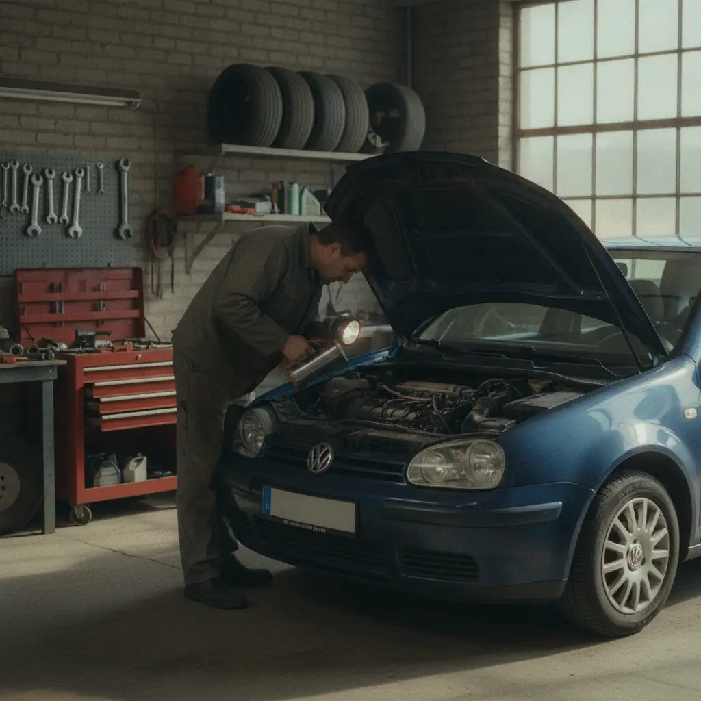 Mécanicien vérifiant le moteur d'une voiture d'occasion dans un garage belge