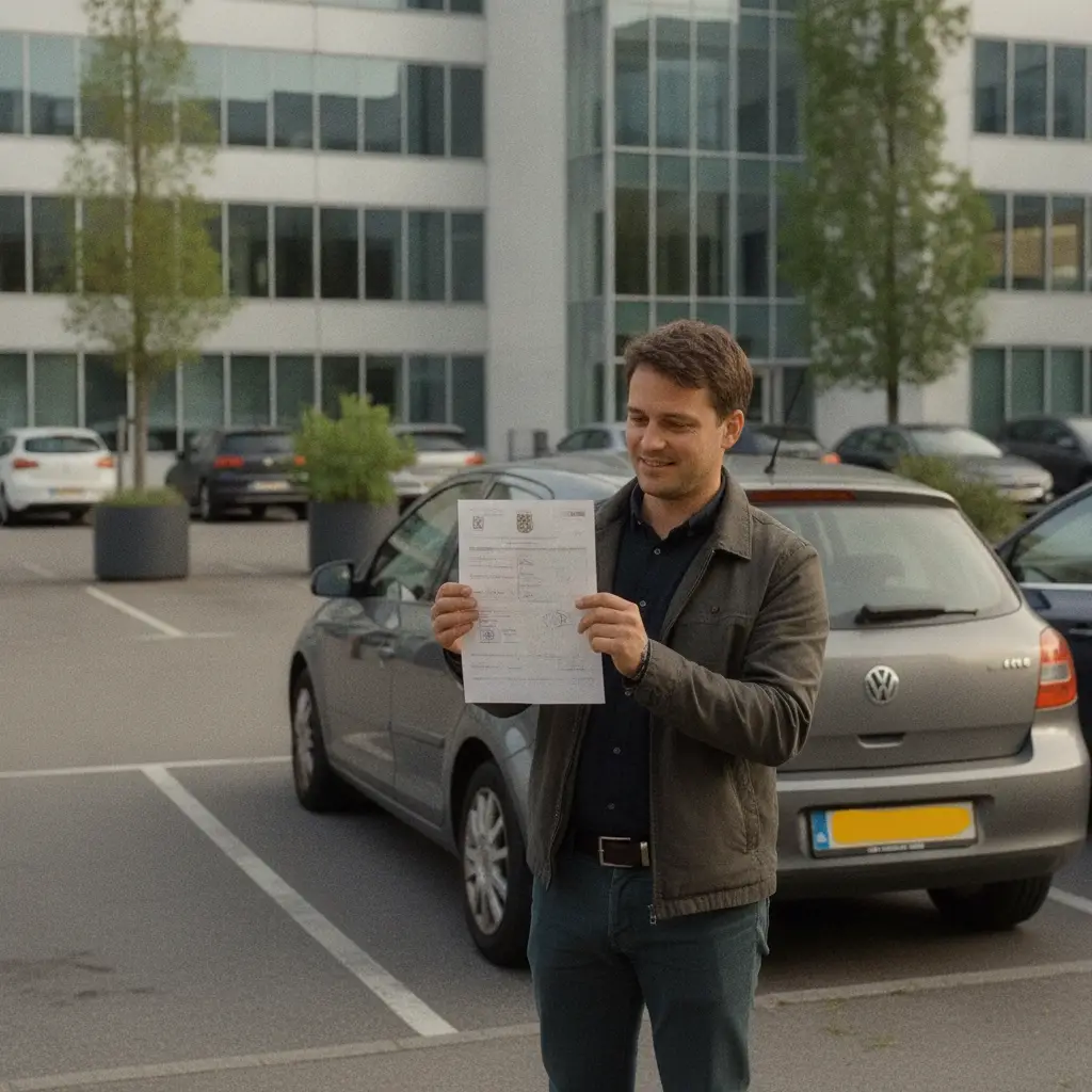 Personne consultant son certificat d'immatriculation belge devant sa voiture dans un parking