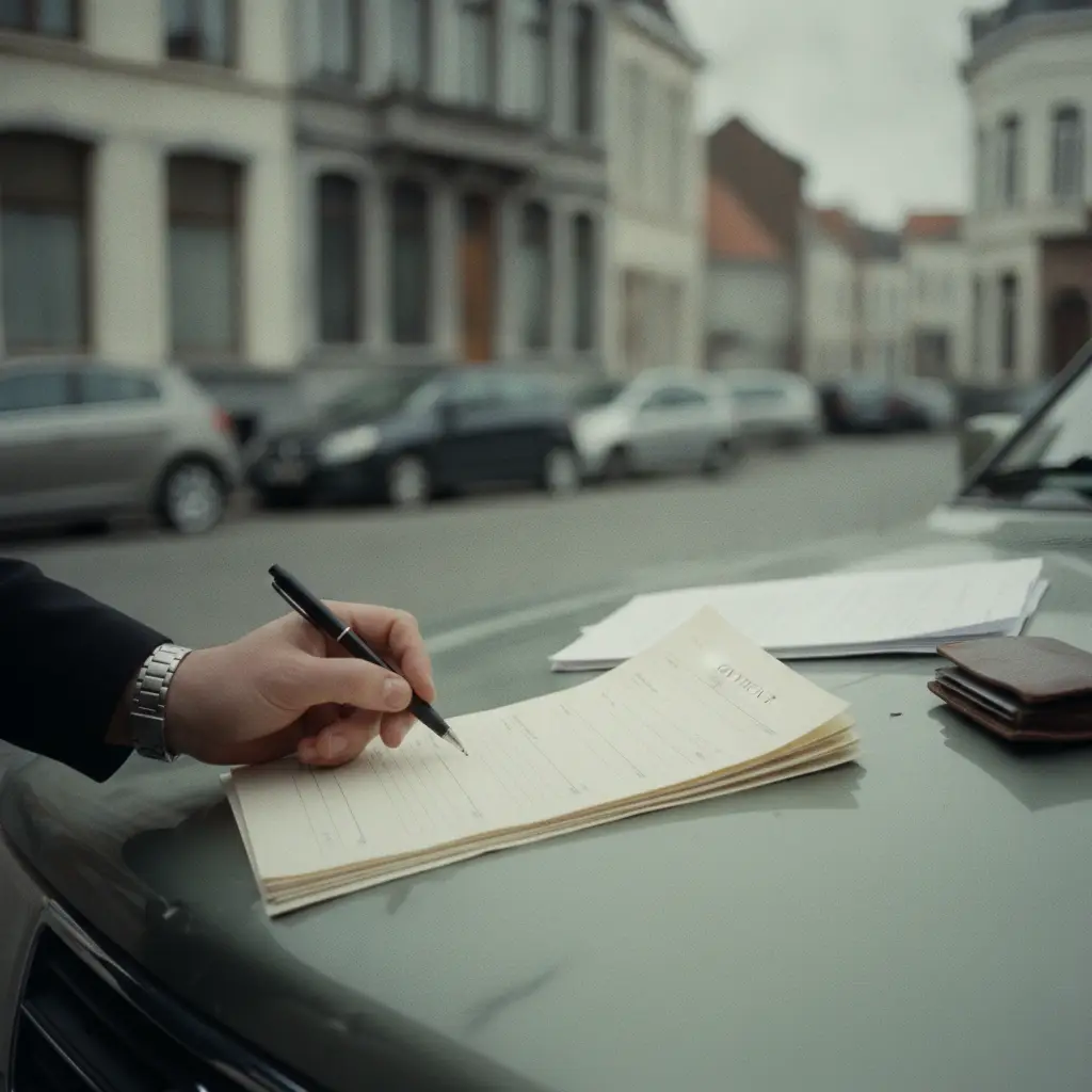 Signature d'un contrat de vente de voiture d'occasion sur le capot du vehicule