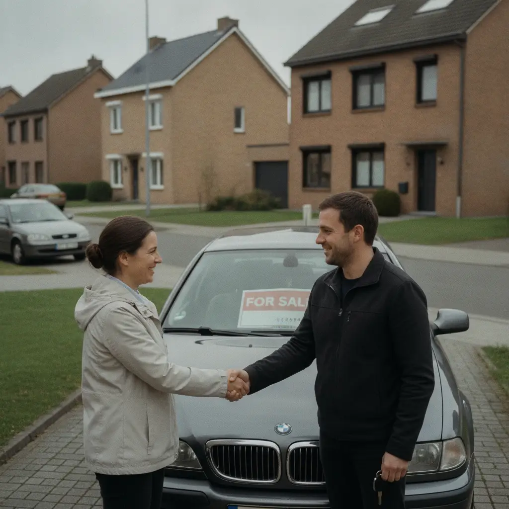 Poignée de main entre vendeur et acheteur après un essai routier en Belgique