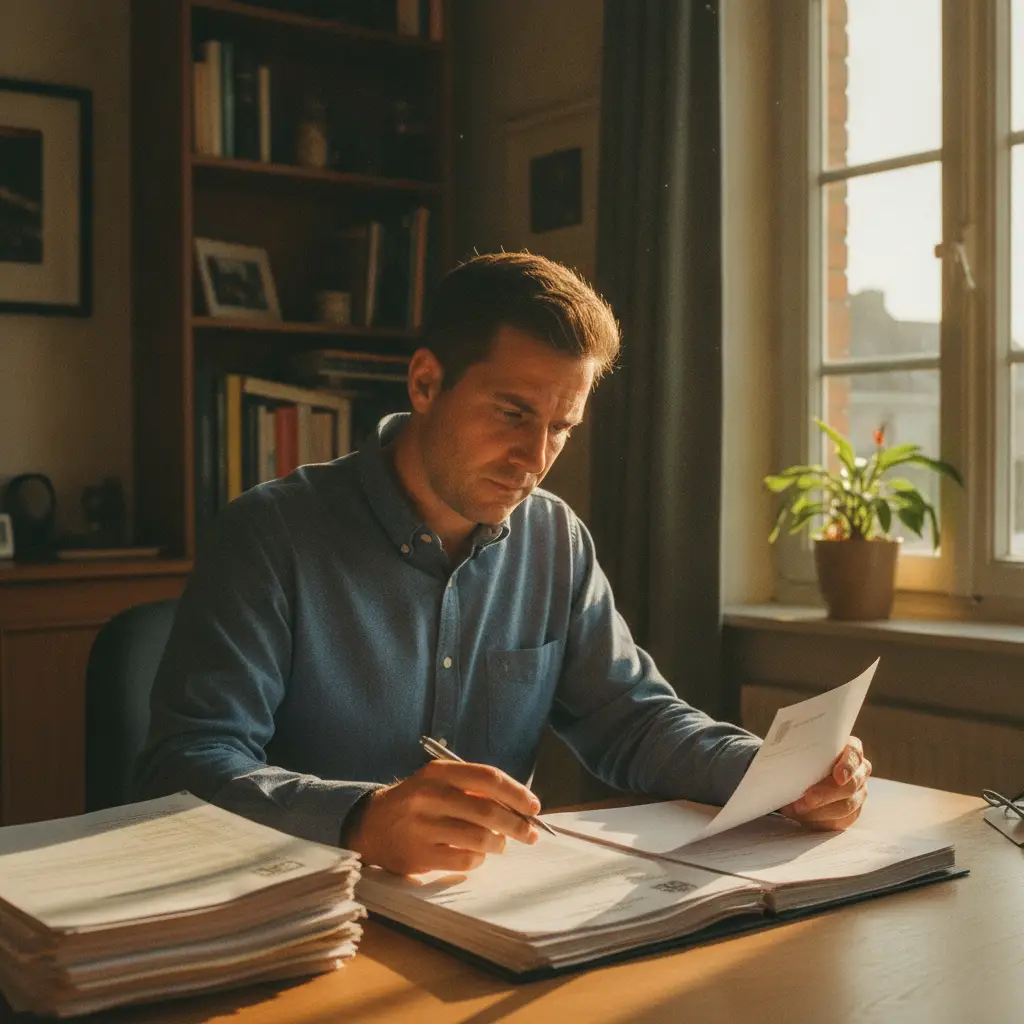 Personne en Belgique signant des documents officiels de vente de véhicule à un bureau administratif