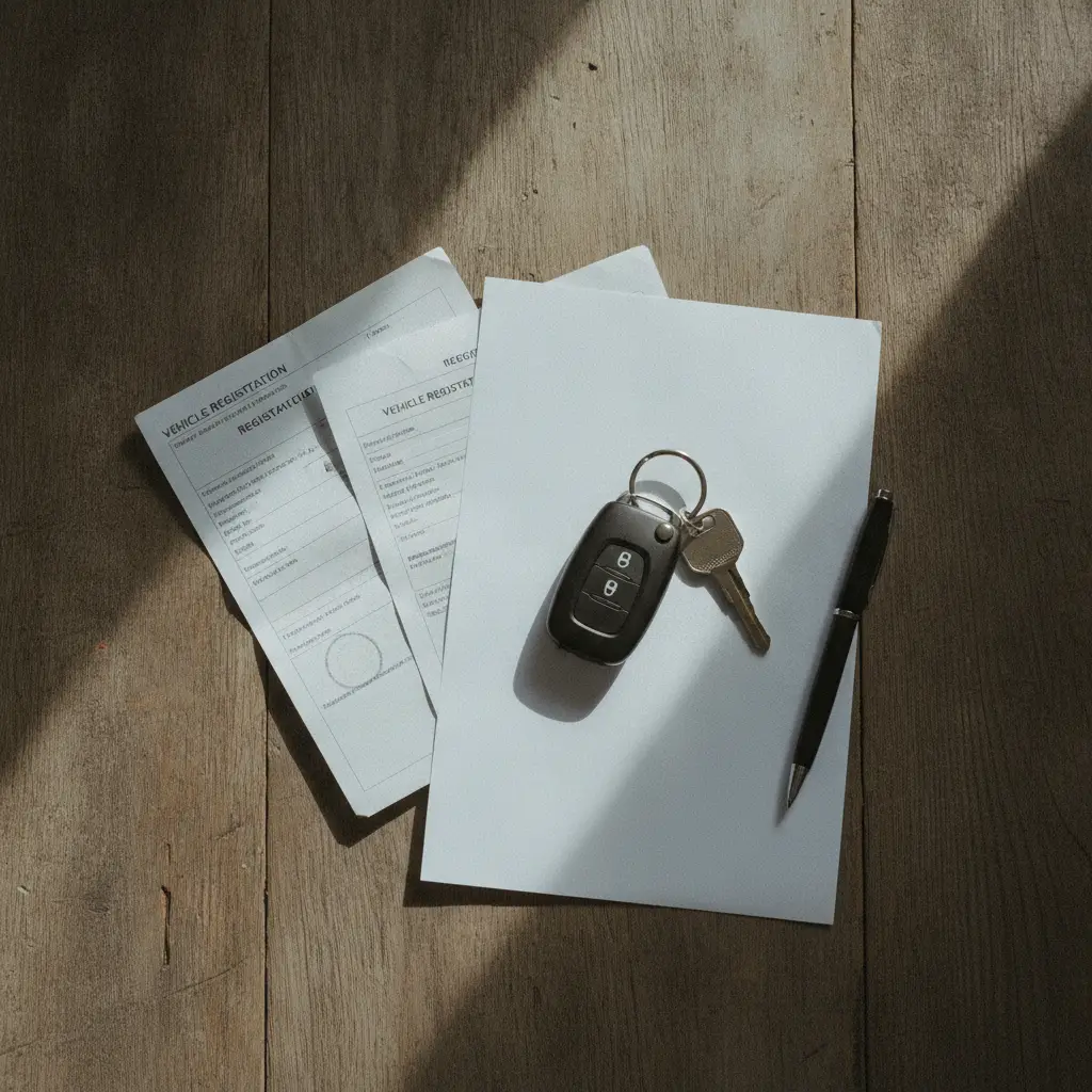 Cles de voiture et documents d'immatriculation sur une table en bois, vue de dessus