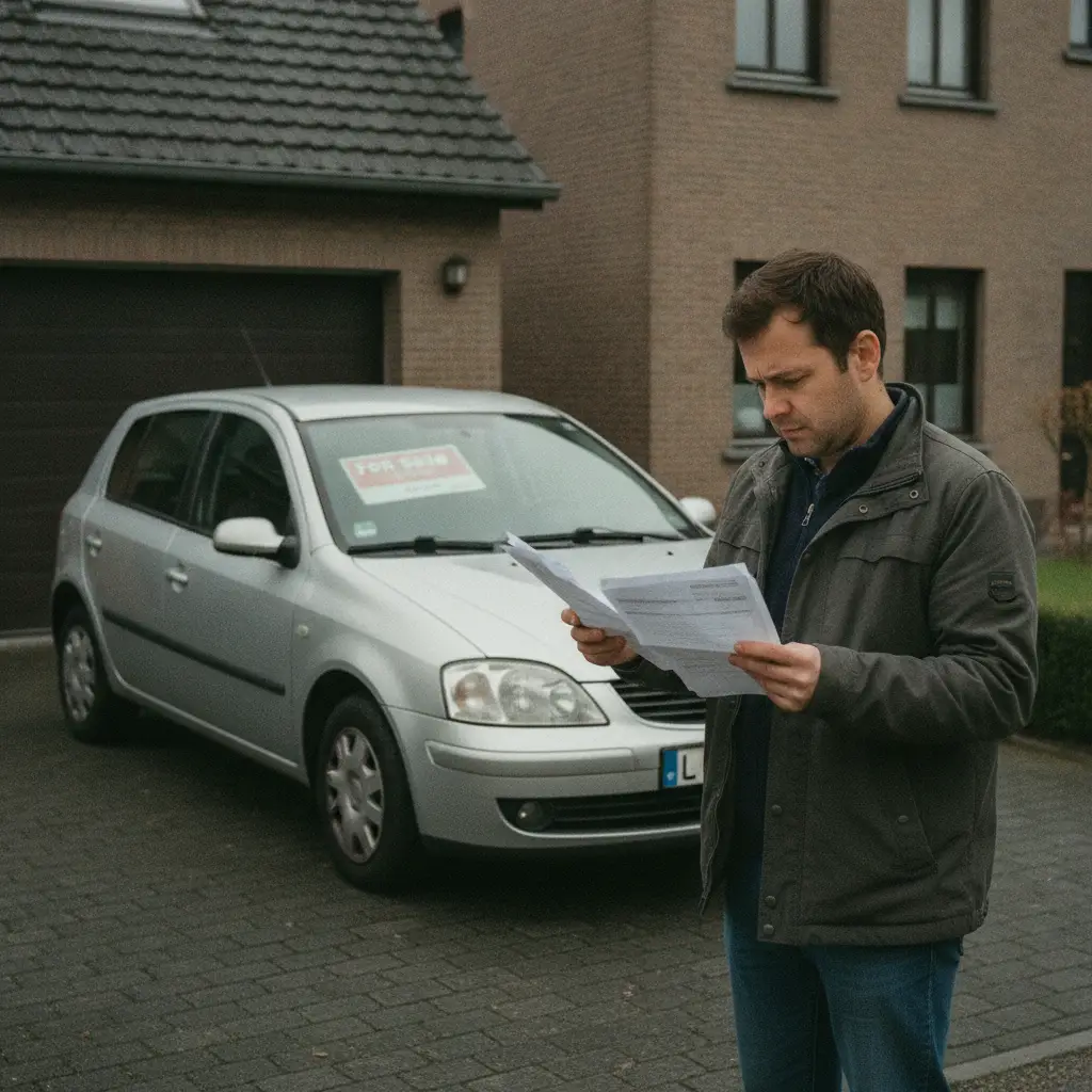 Personne comparant des estimations de prix imprimees a cote d'une voiture d'occasion dans une allee