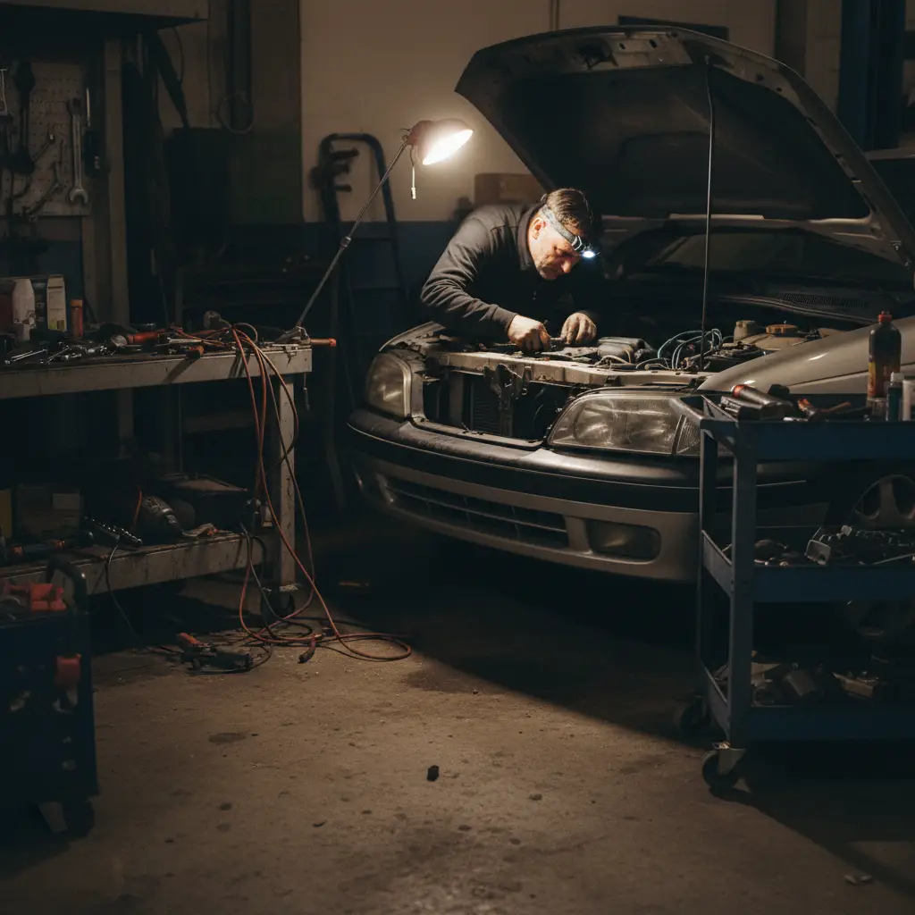 Mecanicien remplacant une ampoule de phare sous le capot d'une voiture dans un atelier