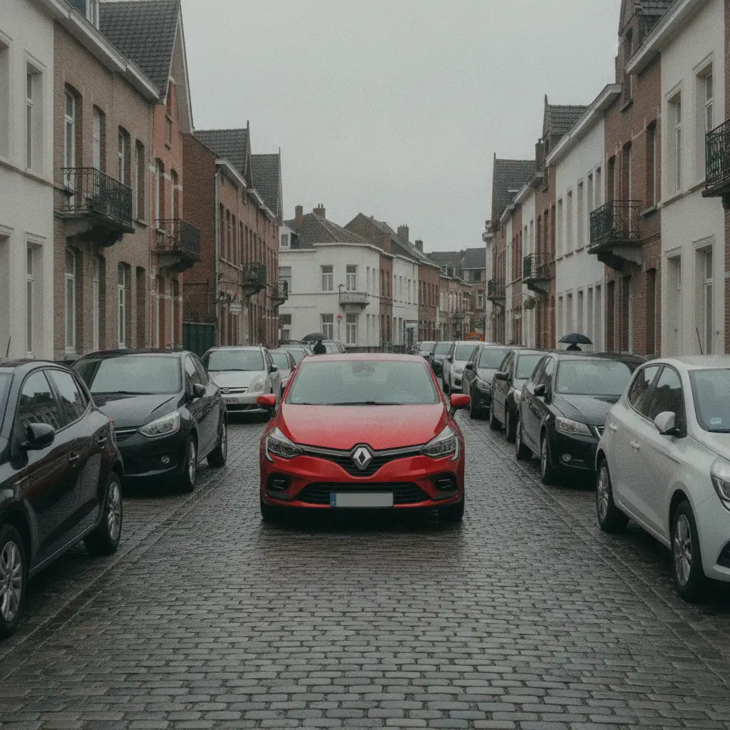 Voiture citadine rouge vif garee dans une rue residentielle en Belgique, entouree de vehicules gris, noirs et blancs