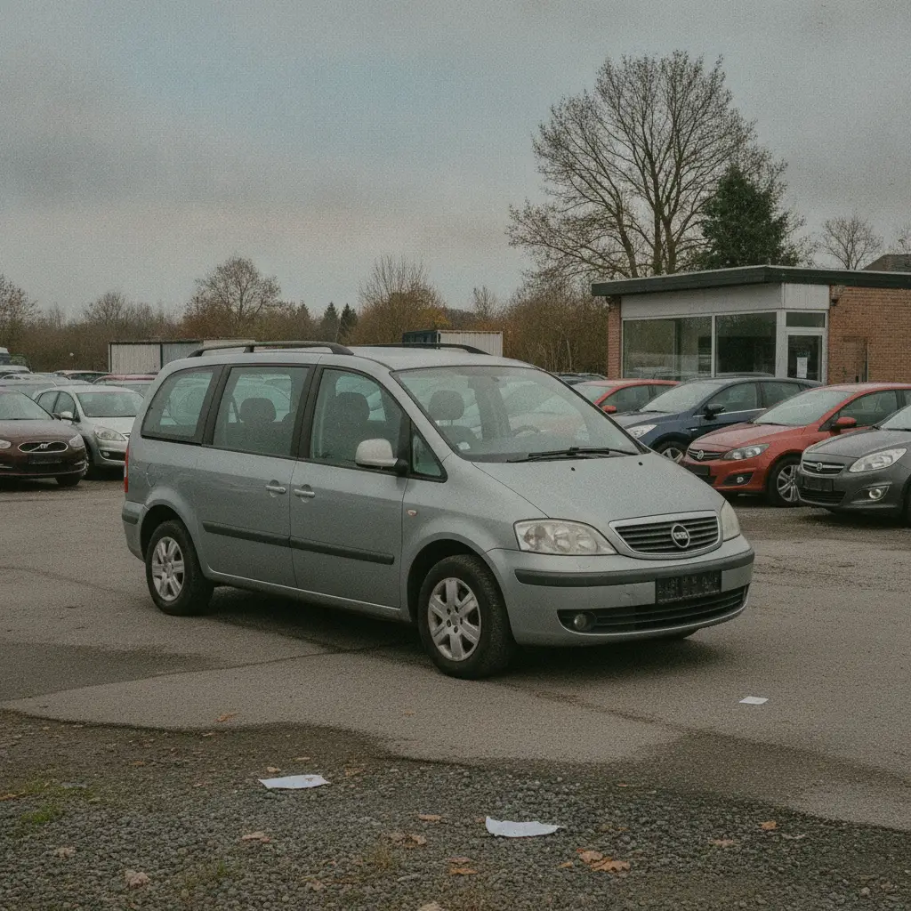 Monospace gris expose sur un parking de concessionnaire en Belgique