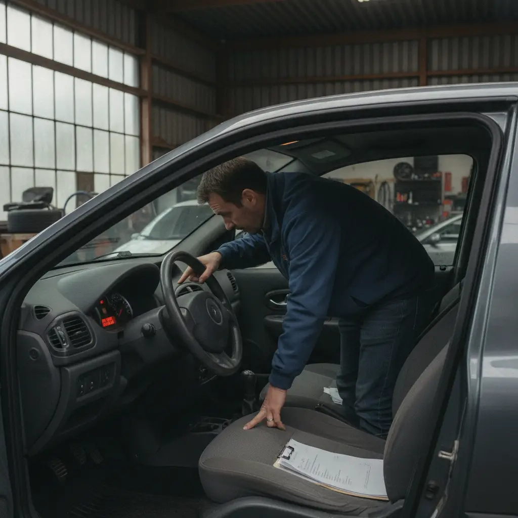 Inspection du tableau de bord et du kilométrage d'une Renault d'occasion dans un garage belge