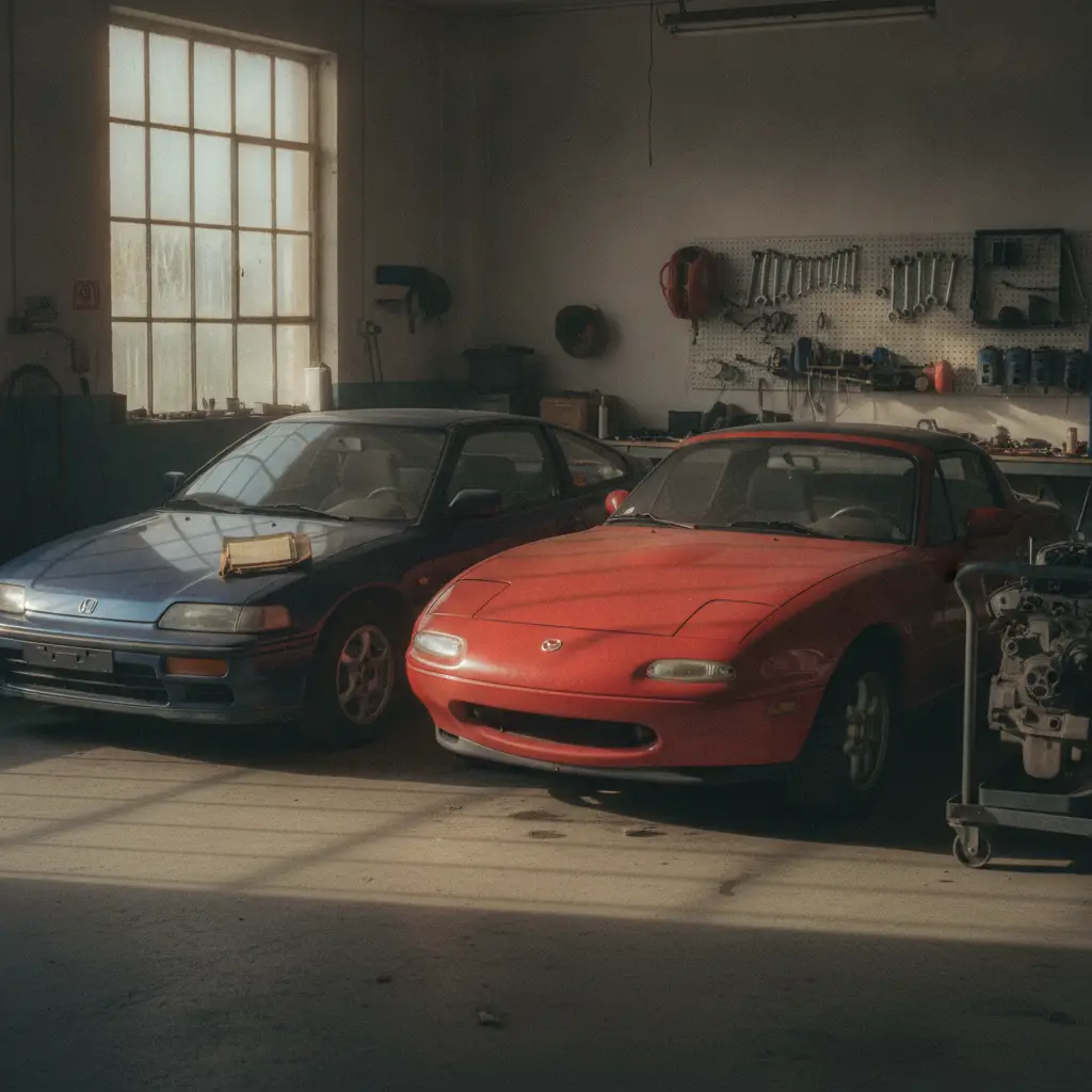 Intérieur d'un garage indépendant belge avec une Honda et une Mazda garées côte à côte