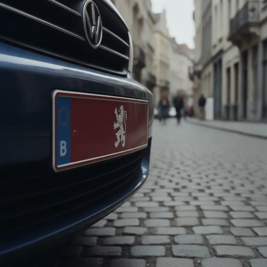 Plaque d'immatriculation belge sur une voiture garée dans une rue pavée bruxelloise