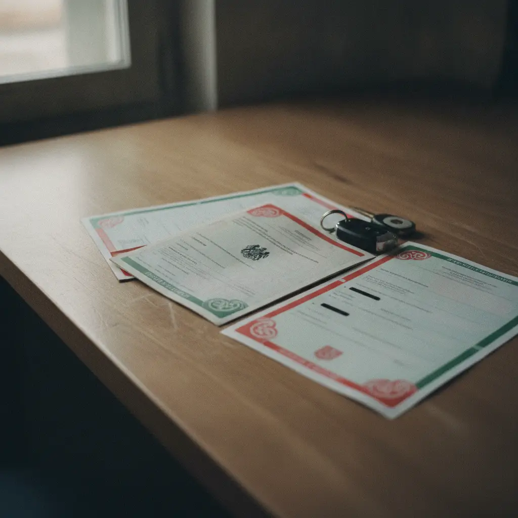 Documents d'immatriculation belges et clés de voiture sur un bureau