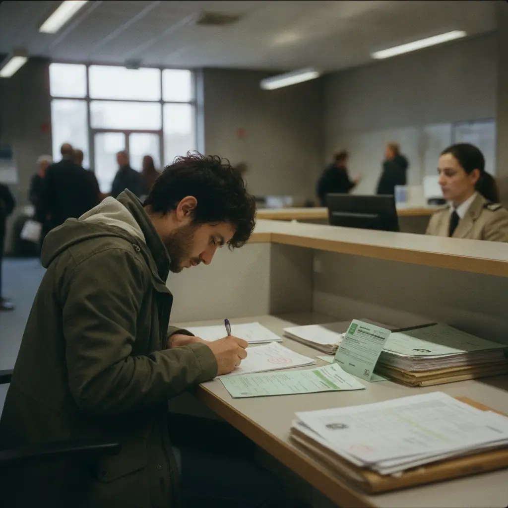 Démarches administratives d'immatriculation de véhicule en Belgique, documents sur un bureau