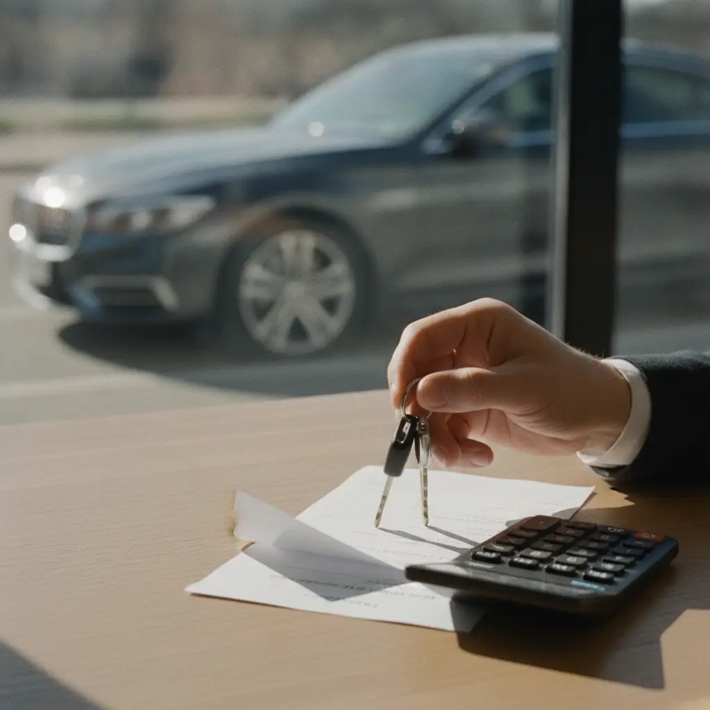 Cles de voiture posees sur une facture et une calculatrice sur un bureau professionnel