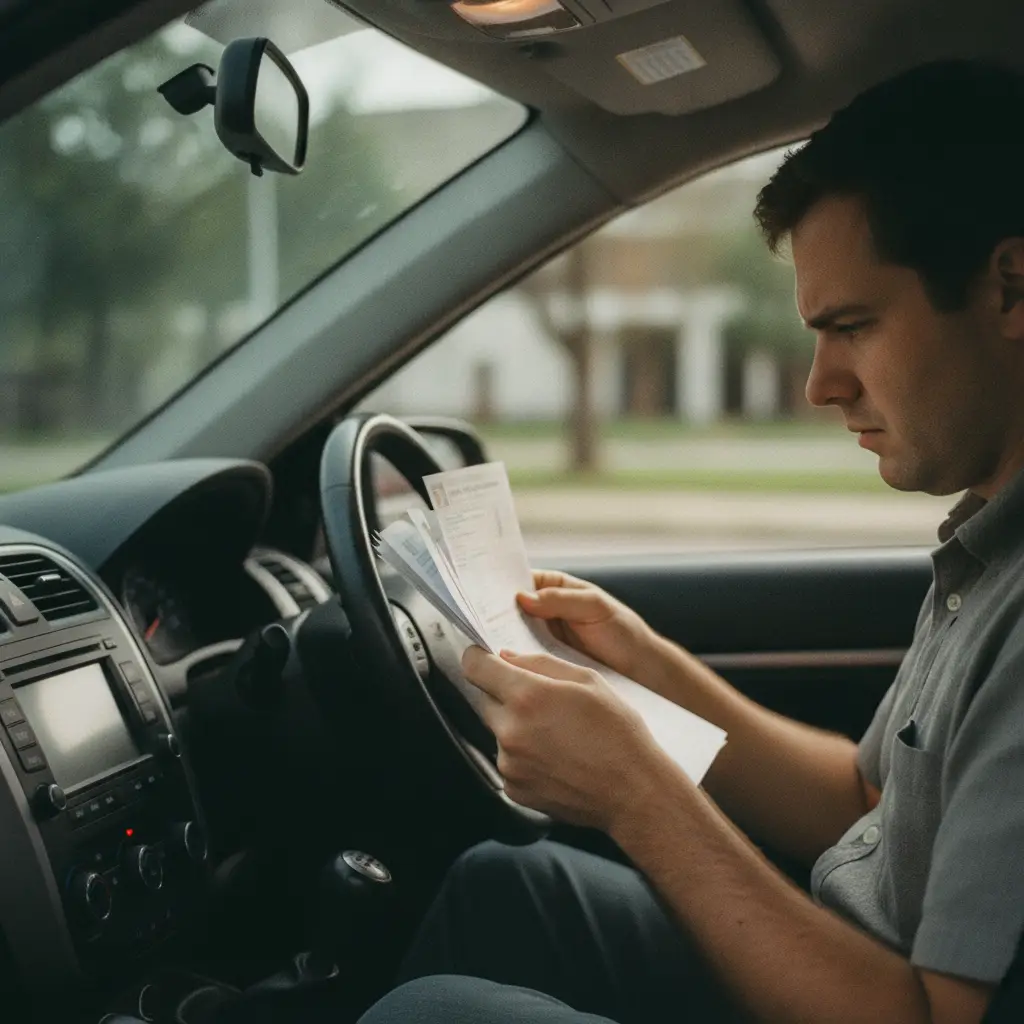 Conducteur consultant les documents de son vehicule a l'interieur de sa voiture garee