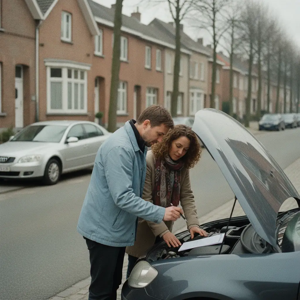 Un couple signe le contrat de vente d'une voiture d'occasion pres du capot ouvert dans une rue residentielle