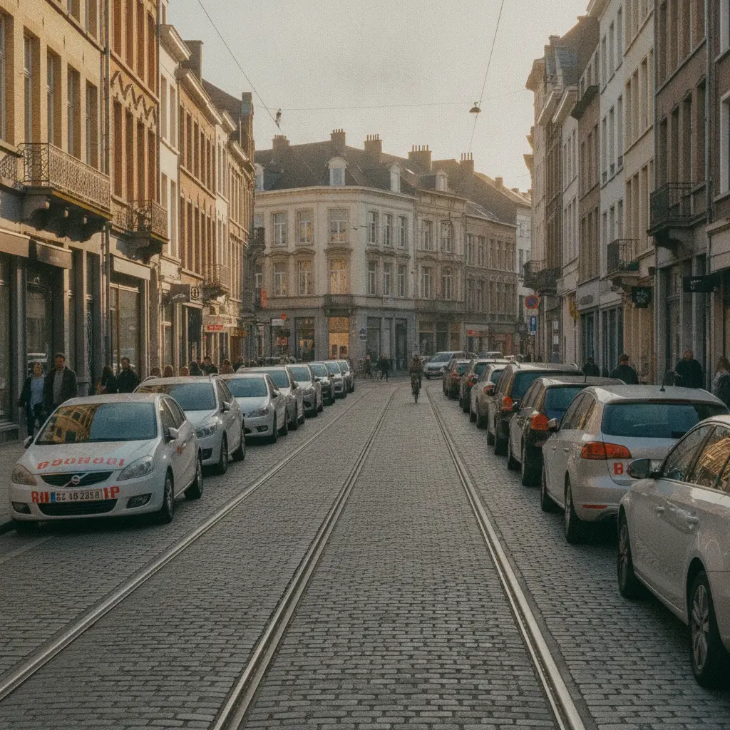 Voitures garees dans une rue belge avec differentes plaques d immatriculation visibles