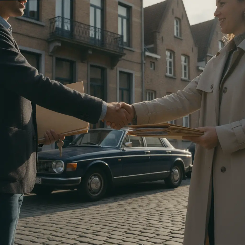 Remise des cles de voiture et de documents entre deux personnes lors d'une vente par procuration en Belgique