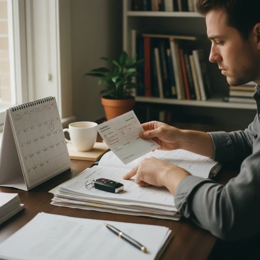 Personne consultant un calendrier et des documents de voiture