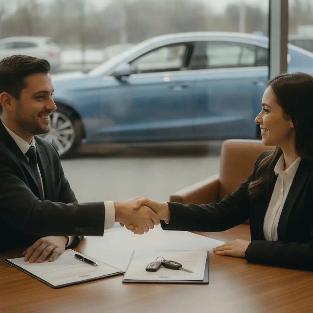 Deux personnes se serrant la main apres la signature d'un contrat de rachat de vehicule de leasing, cles sur la table