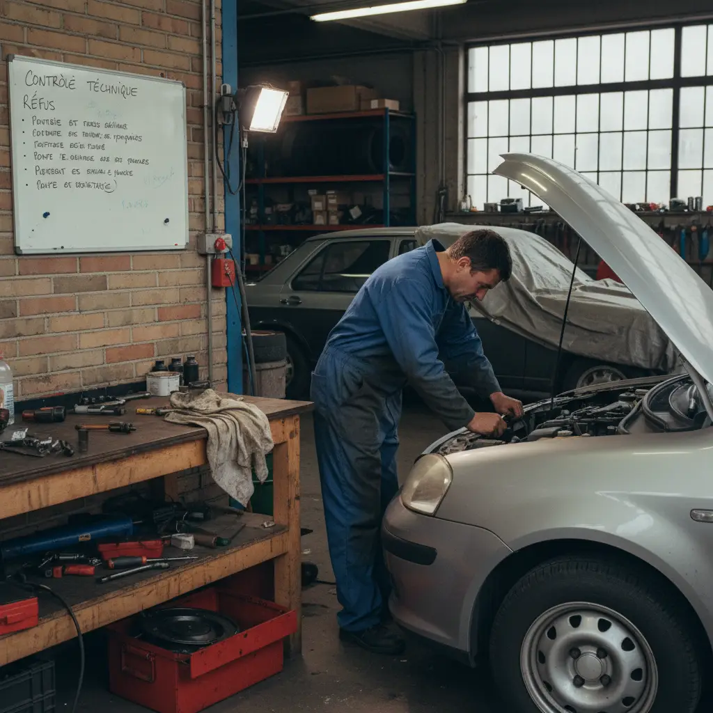 Mécanicien réparant un moteur dans un garage belge après refus au contrôle technique