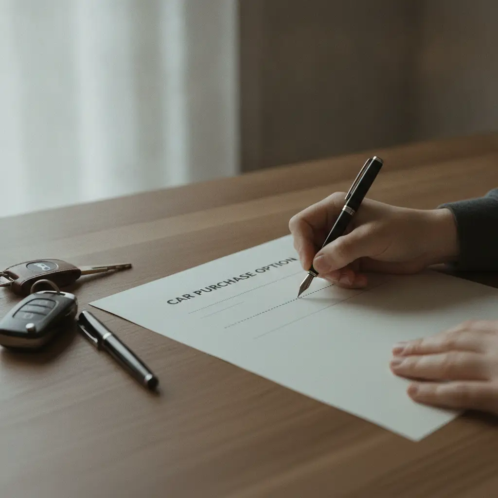 Gros plan sur des mains signant un document d'option d'achat de vehicule avec des cles de voiture posees a cote
