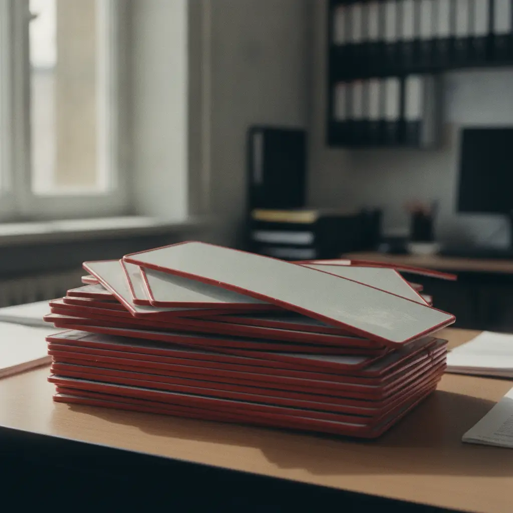 Plaques d'immatriculation belges empilees sur un bureau administratif, en attente de traitement par la DIV