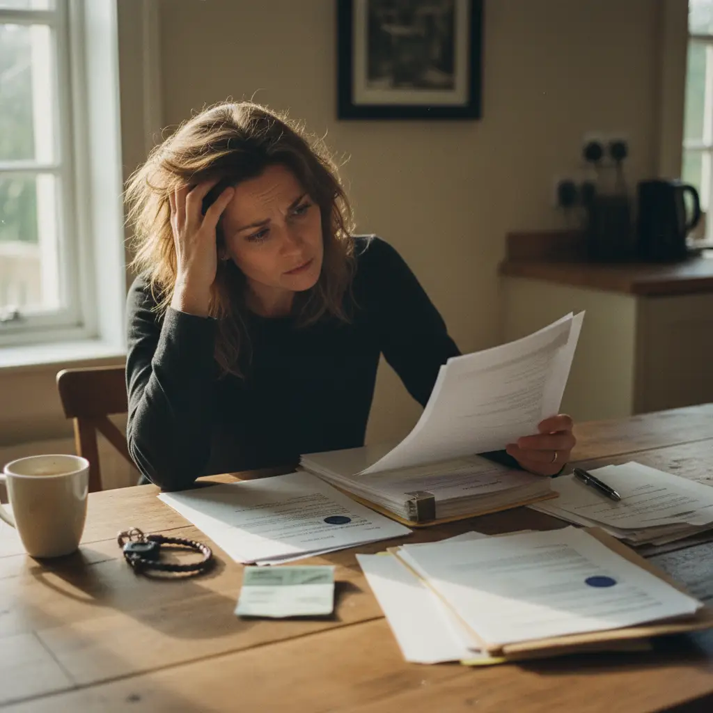Proprietaire de voiture lisant attentivement des documents juridiques relatifs a une saisie, pose sur une table avec les cles du vehicule