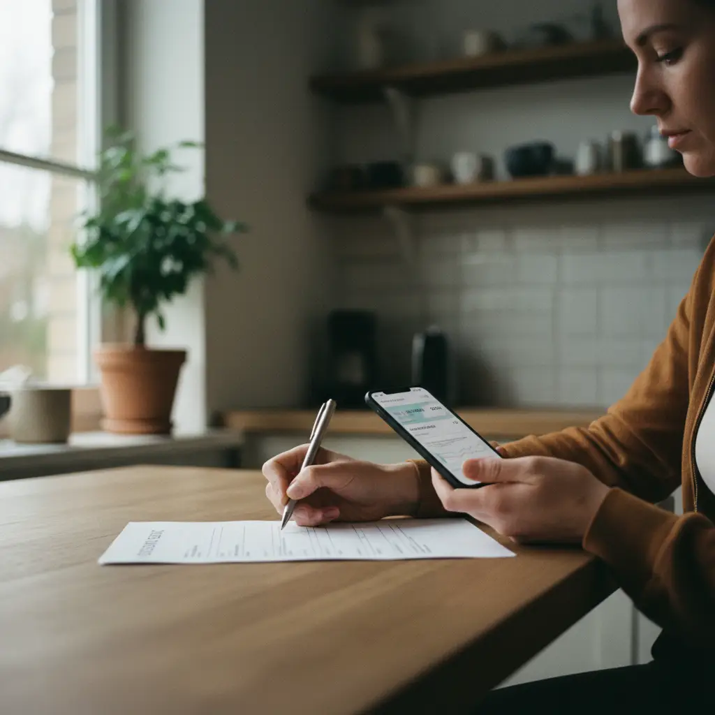 Personne vérifiant une confirmation de virement bancaire sur smartphone tout en signant un contrat de vente de voiture