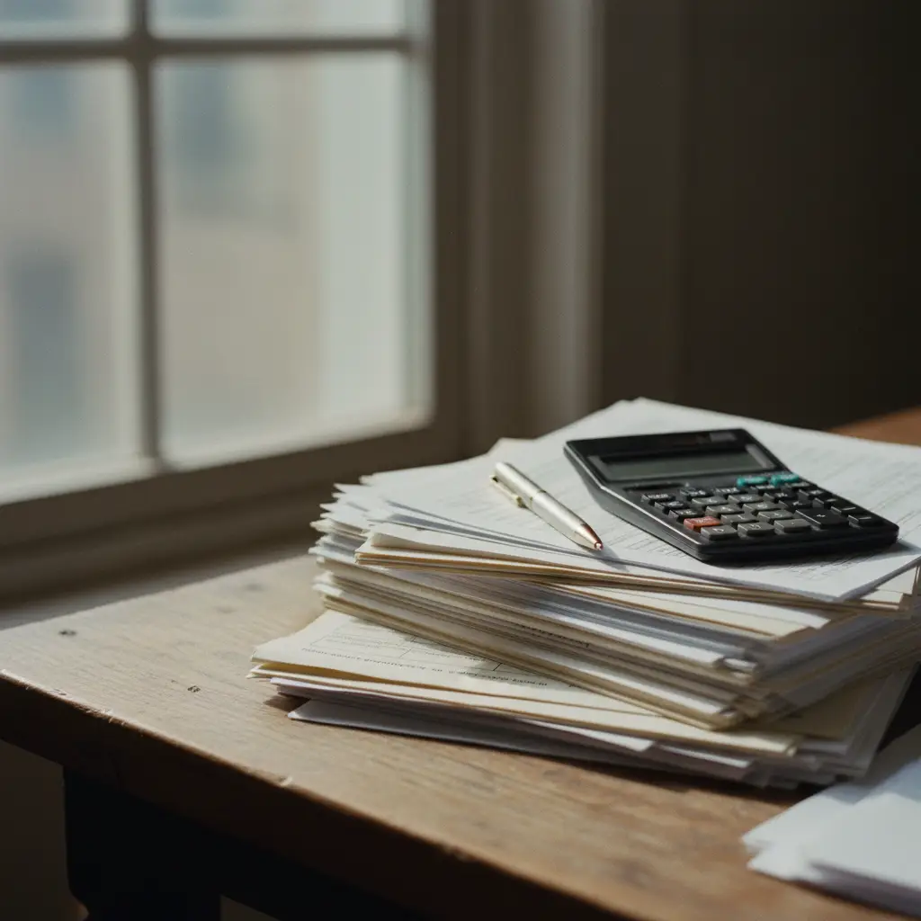 Documents administratifs et formulaires fiscaux avec stylo et calculatrice sur un bureau en bois, lumière naturelle