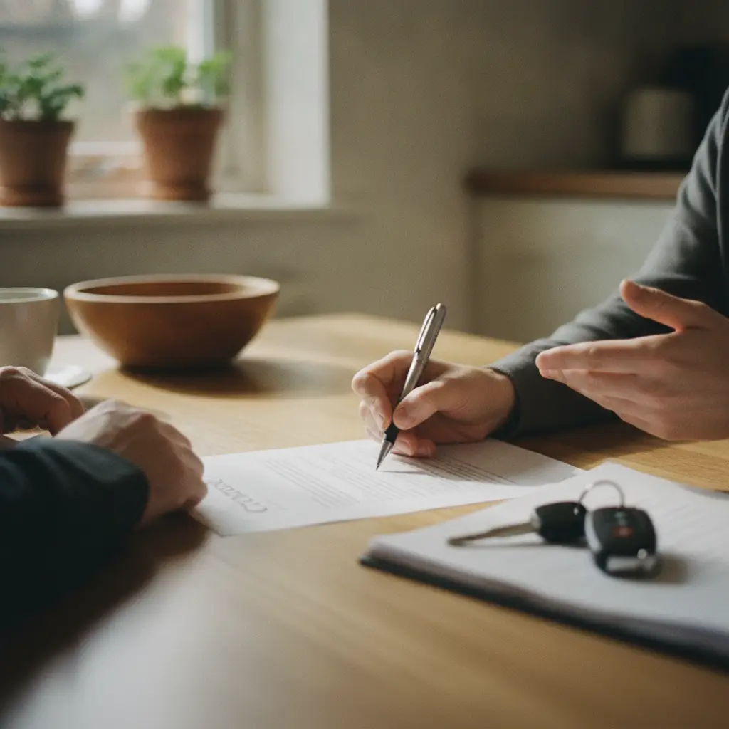 Signature d'un contrat de vente de voiture entre membres d'une famille à une table de cuisine, clés posées à côté