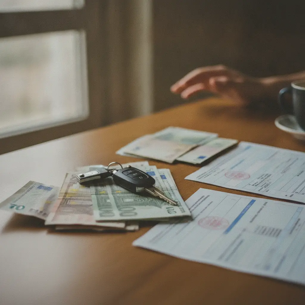 Documents de vente de voiture, cles et billets sur une table lors d'une transaction entre particuliers