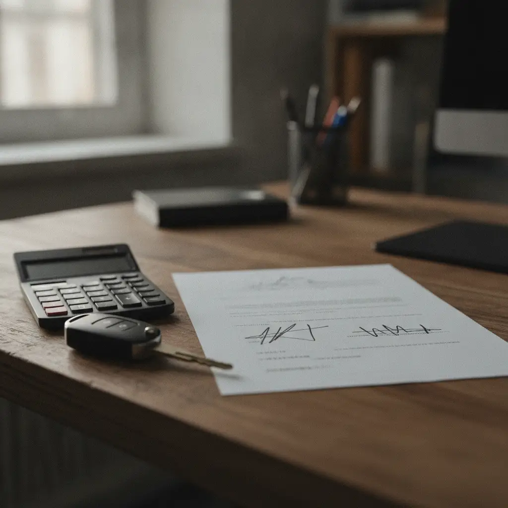 Contrat de renting automobile signe sur un bureau avec cle de voiture