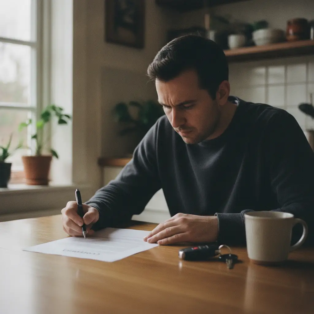 Signature du contrat de vente d'une voiture entre particuliers, avec les cles posees sur la table
