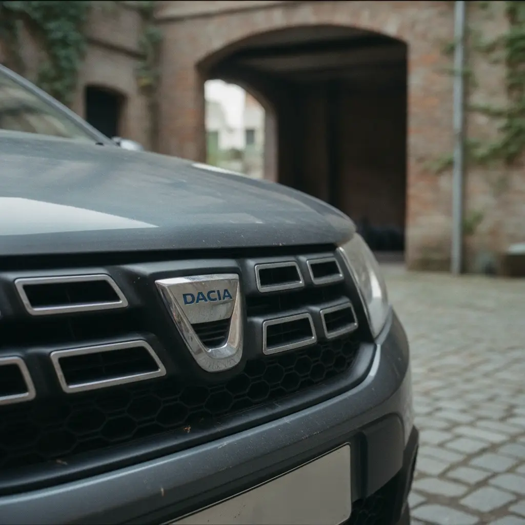 Gros plan sur le badge Dacia a l'avant d'un vehicule d'occasion