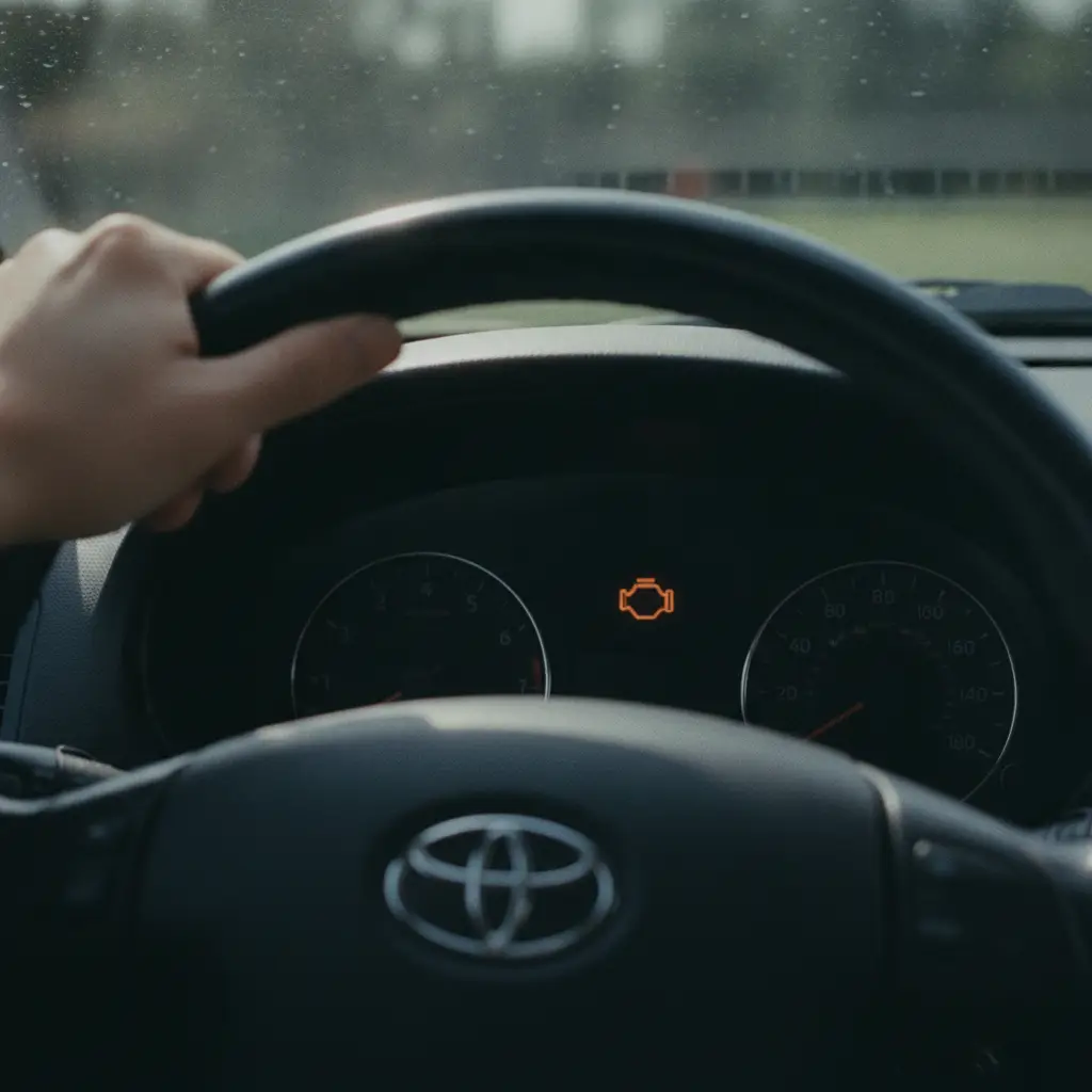 Tableau de bord de voiture avec le voyant moteur orange allume, mains du conducteur sur le volant