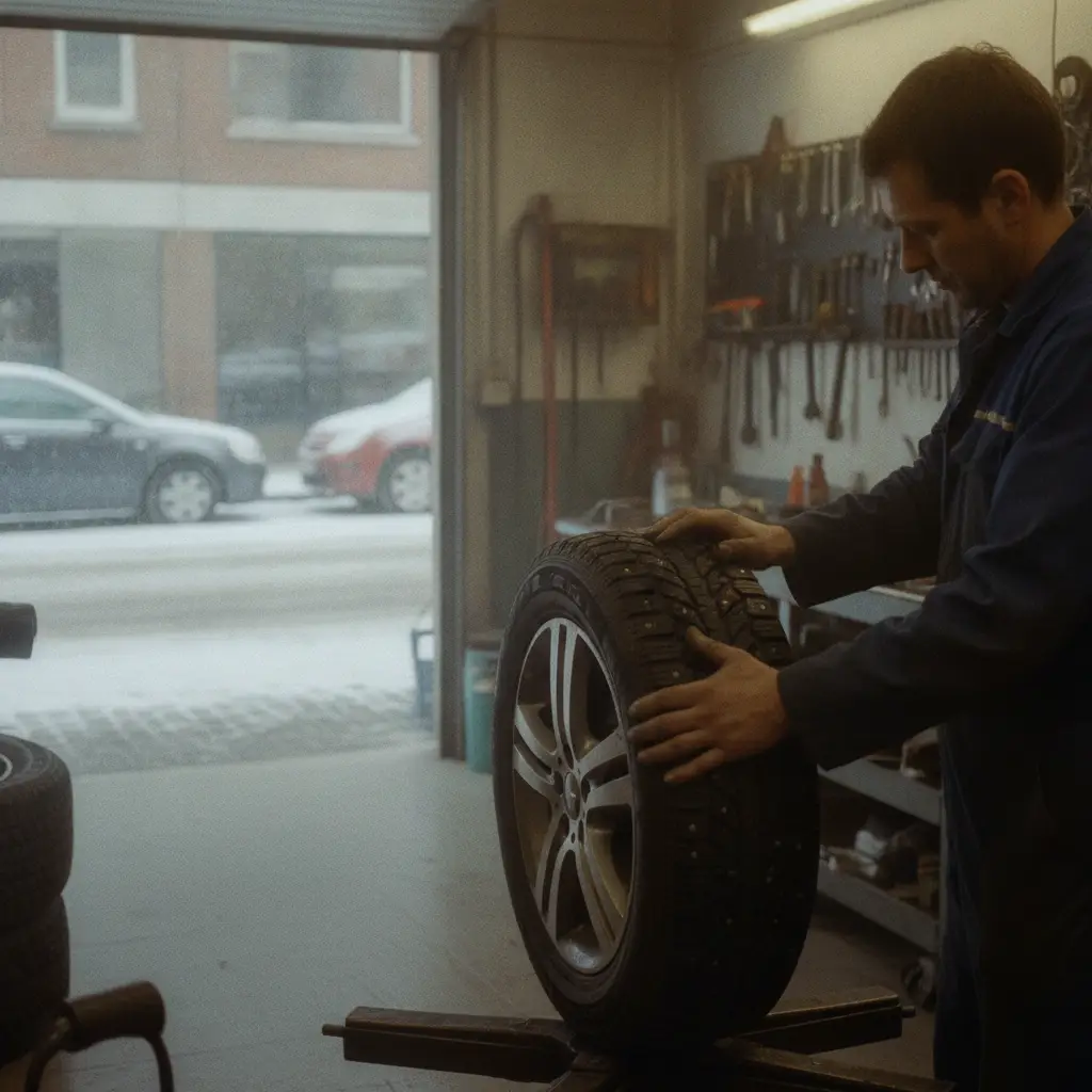 Mécanicien montant un pneu hiver sur une roue dans un garage belge