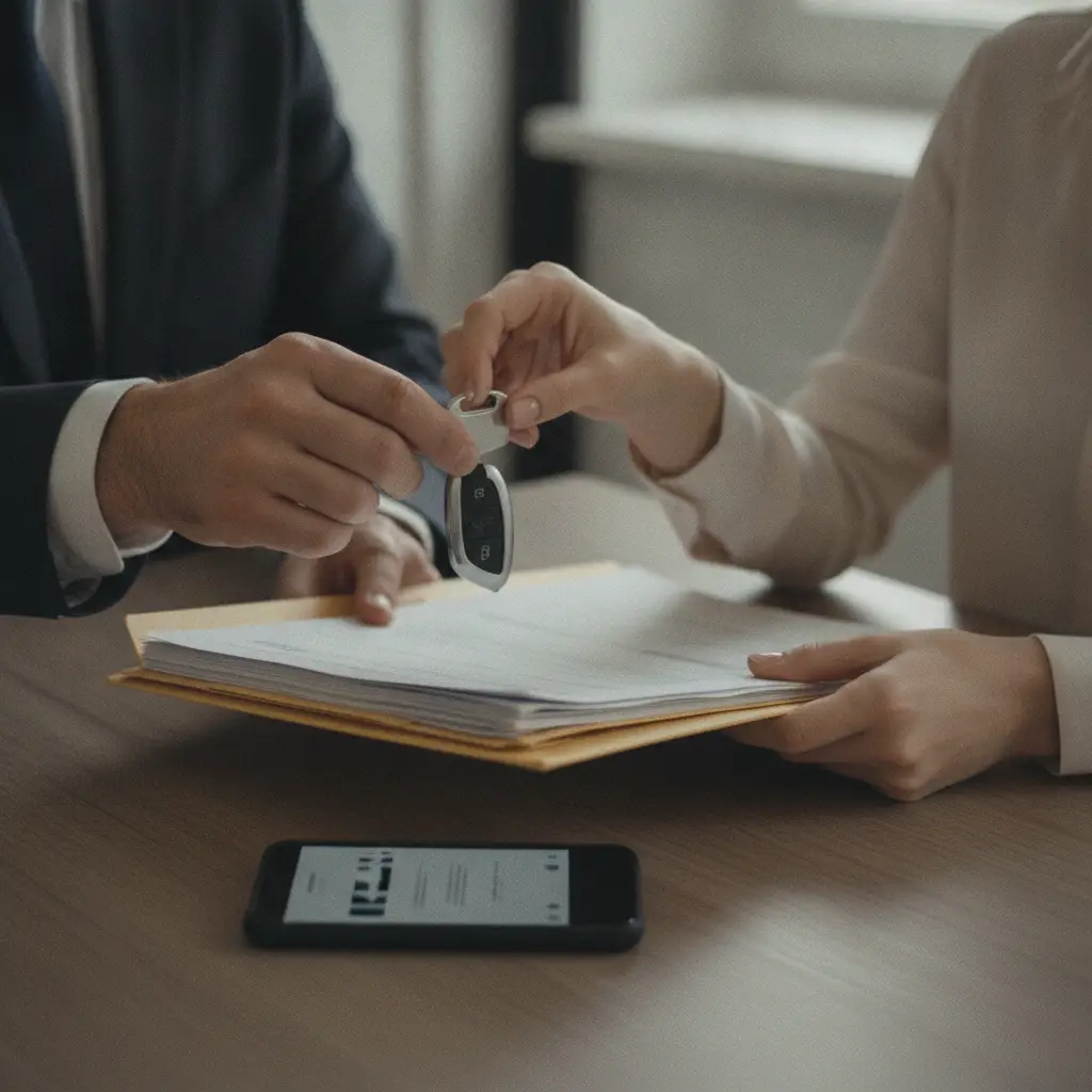Mains echangeant une cle de voiture et un dossier de documents au-dessus d'une table, avec un telephone affichant une confirmation de virement bancaire