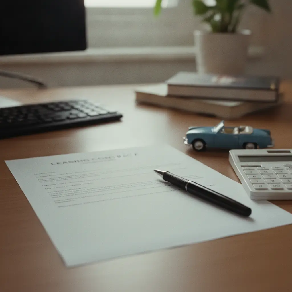Contrat de leasing, calculatrice et petite voiture miniature sur un bureau